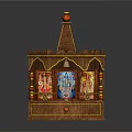 Traditional Brown Wooden Shrine With Pointed Roof Arched Front Windows And Colorful Golden Interior Decorations