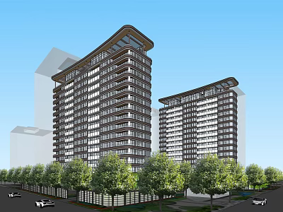 Modern High Rise Residential Buildings With Trees And Cars Under Blue Sky 3d model