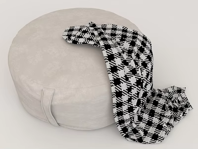 Cozy Round Beige Pouf With Black White Houndstooth Scarf For Living Room 3d model