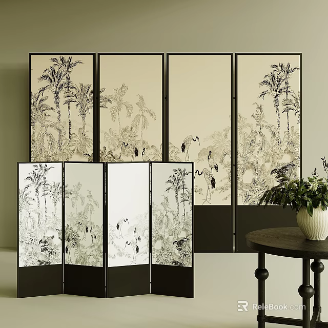 Decorative Room Divider Screen with Botanical Bird and Palm Tree Patterns 3d model