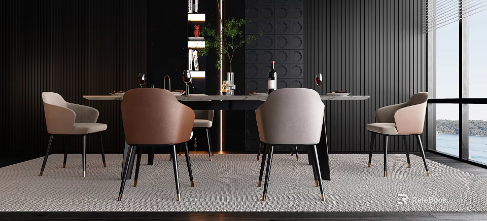 Modern Dining Table Set With Brown And Grey Leather Chairs Black Wall And Green Plant 3d model 