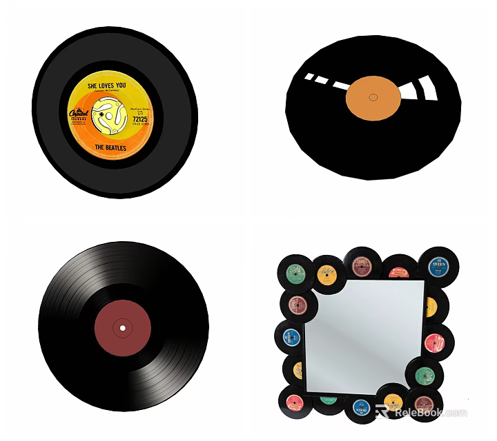 Vintage Vinyl Records Collection Featuring The Beatles Label And Colorful Decorative Mirror Design 3d model 