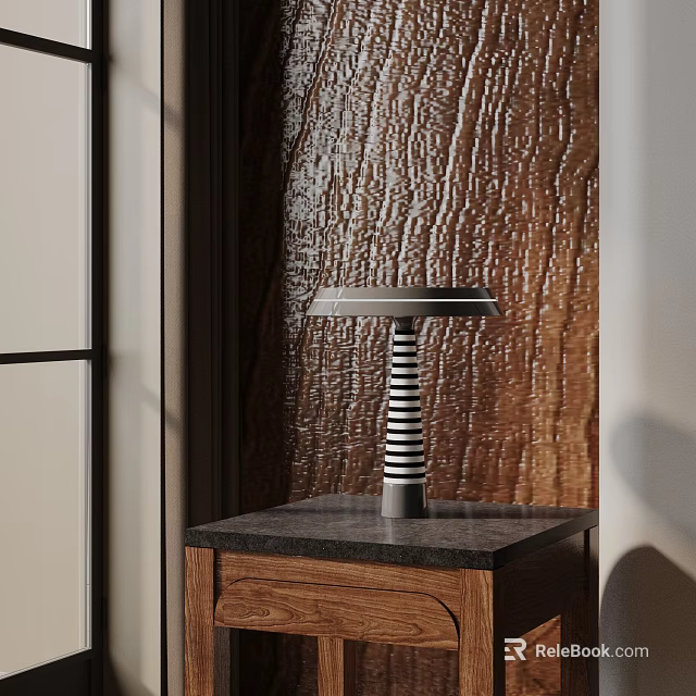 Modern Striped Table Lamp on Wooden Table with Black Top Against Textured Wood Wall 3d model 