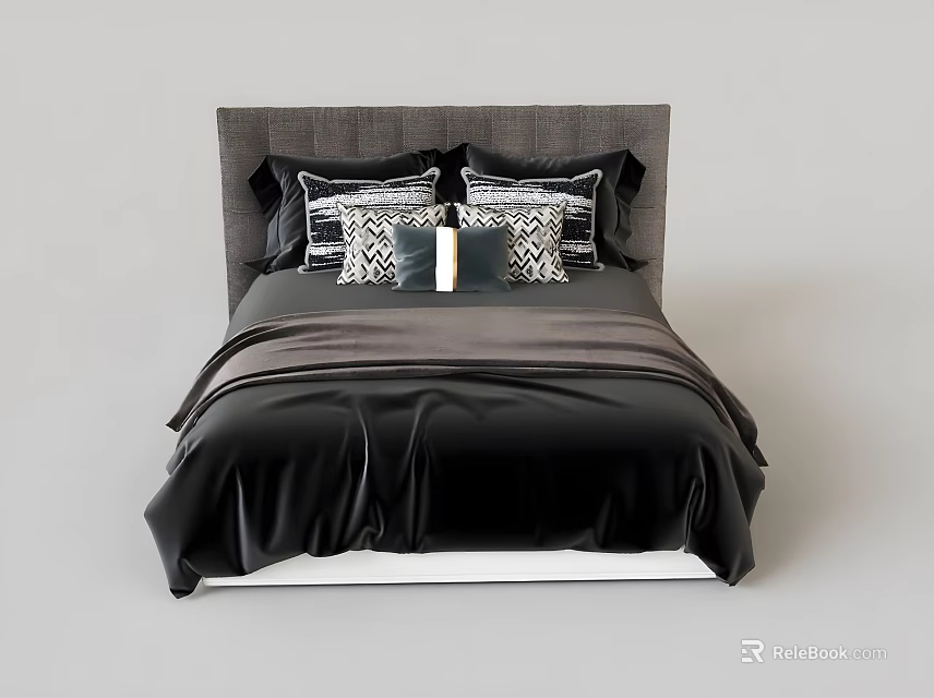 Modern Double Bed With Grey Headboard Black Bedding And Patterned Pillows 3d model