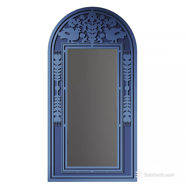 Blue Arched Top Mirror With Carved Frame And Symmetrical Side Decorations 3d model 