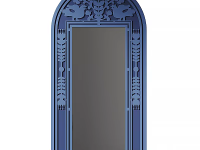 Blue Arched Top Mirror With Carved Frame And Symmetrical Side Decorations 3d model