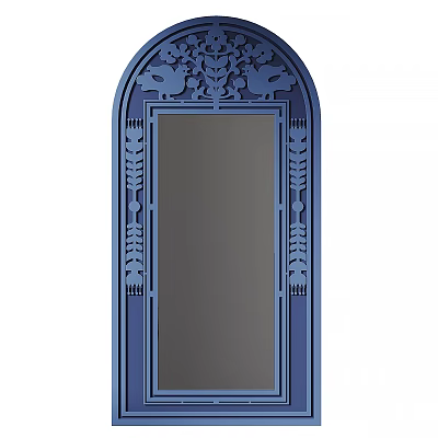 Blue Arched Top Mirror With Carved Frame And Symmetrical Side Decorations 3d model