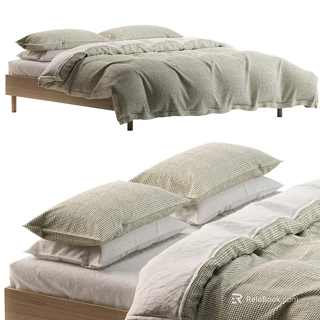 Cozy Double Bed With Wooden Frame Soft Bedding And Stacked Pillows 3d model 