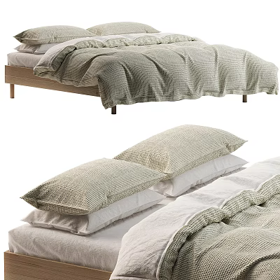 Cozy Double Bed With Wooden Frame Soft Bedding And Stacked Pillows 3d model