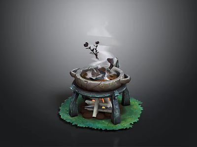 Stone Fire Pit With Burning Firewood Smoke Decorative Branches And Green Grass 3d model