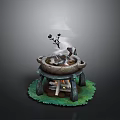 Stone Fire Pit With Burning Firewood Smoke Decorative Branches And Green Grass