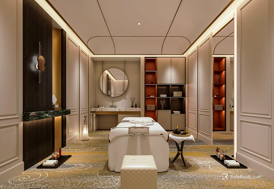 Elegant Luxury SPA Sauna Room With Massage Bed Marble Counter And Storage Shelves 3d model 