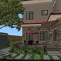 Garden Landscape Design with Stone Stepping Path Outdoor Dining Set Red Umbrella Large Tree and Lush Greenery