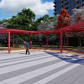 Red Pergola with Leaf Pattern Cutouts Surrounded by Greenery and Striped Pavement 3d model