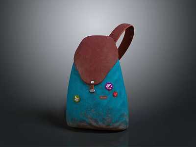 Stylish Blue And Brown Backpack With Colorful Badges And Leather Strap 3d model