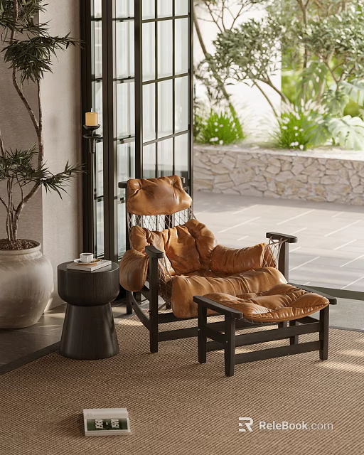 Brown Leather Lounge Chair With Black Frame And Small Round Side Table Near Glass Windows 3d model 