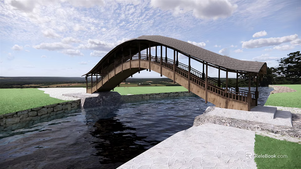 Scenic Arch Bridge With Wooden Railing Spanning Over Water And Grass Landscape 3d model 