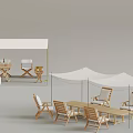 White Outdoor Camping Tent With Wooden Tables Chairs And Outdoor Furniture Setup
