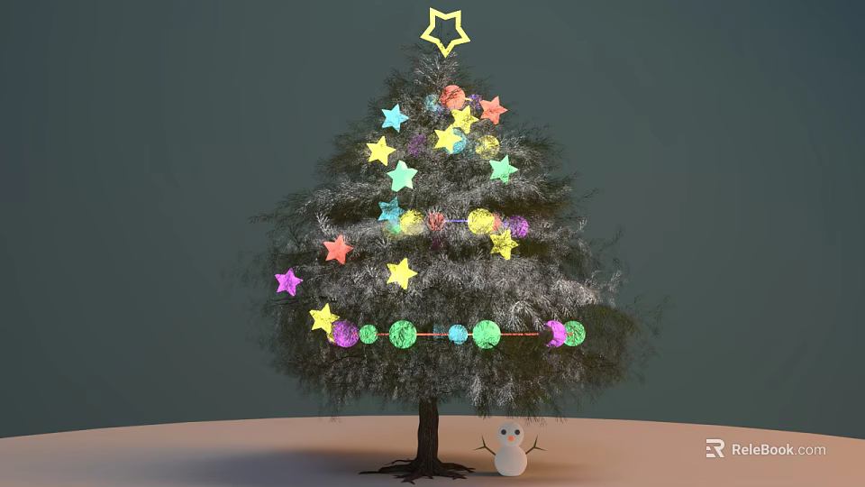 Christmas Tree Decorated With Colorful Stars and String Lights With Snowman Beside 3d model 