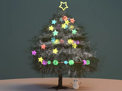 Christmas Tree Decorated With Colorful Stars and String Lights With Snowman Beside 3d model