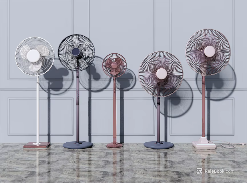 Stylish Pedestal Fans in Various Colors Standing Against Light Wall on Marble Floor 3d model 