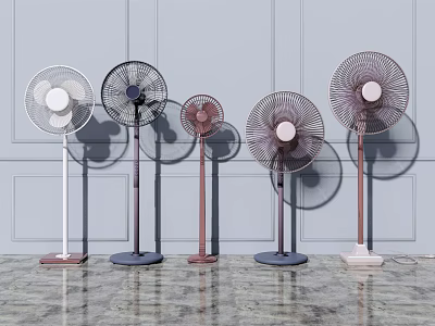 Stylish Pedestal Fans in Various Colors Standing Against Light Wall on Marble Floor 3d model