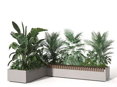 Potted Bonsai Plants In L Shaped Concrete Planter With Various Green Foliage 3d model