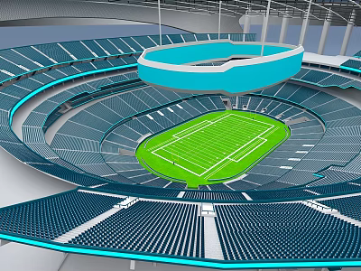 Modern Large Football Stadium Architecture With Green Turf And Blue Seats Design 3d model