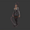 Game And Movie Female Character With Unique Purple Pink Hairstyle Blue Dress Holding Chain Ball
