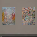 Two Abstract Paintings Hanging On White Wall With Vibrant Colorful Patterns