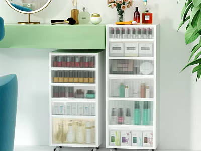 Modern White Entryway Side Cabinet With Transparent Drawers And Rolling Wheels For Cosmetics Storage 3d model