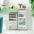 Modern White Entryway Side Cabinet With Transparent Drawers And Rolling Wheels For Cosmetics Storage