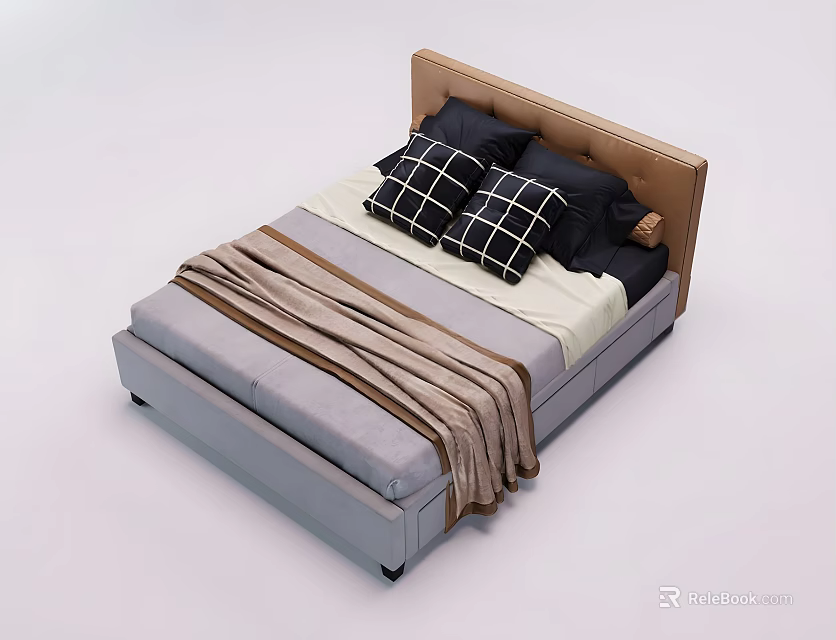 Double Bed With Brown Upholstered Headboard Black Checkered Pillows And Gray Striped Blanket 3d model 