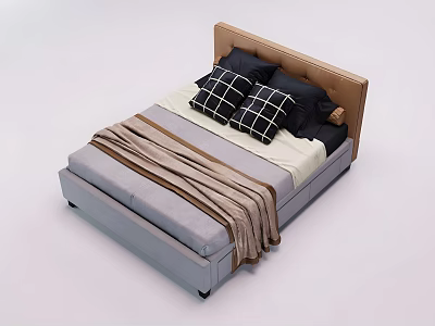 Double Bed With Brown Upholstered Headboard Black Checkered Pillows And Gray Striped Blanket 3d model