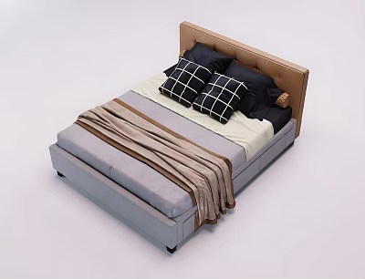 Double Bed With Brown Upholstered Headboard Black Checkered Pillows And Gray Striped Blanket 3d model