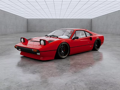 Stylish Red Sports Car Parked In Gray Empty Indoor Space With Modern Grid Ceiling 3d model