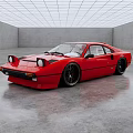Stylish Red Sports Car Parked In Gray Empty Indoor Space With Modern Grid Ceiling