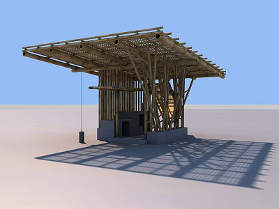 Wooden House With Bamboo Roof Staircase And Open Structure Design 3d model