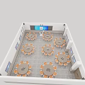 School Multi Purpose Room With Round Tables Orange Chairs And Wall Mounted TV Screens