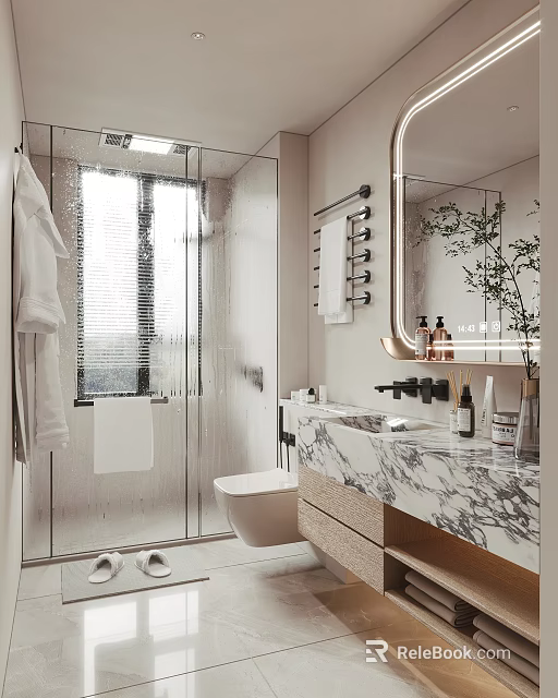 Modern Bathroom Interior With Glass Shower White Towels Mirror Green Plant Marble Countertop And Toilet 3d model 