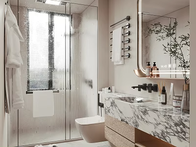 Modern Bathroom Interior With Glass Shower White Towels Mirror Green Plant Marble Countertop And Toilet 3d model