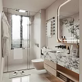 Modern Bathroom Interior With Glass Shower White Towels Mirror Green Plant Marble Countertop And Toilet