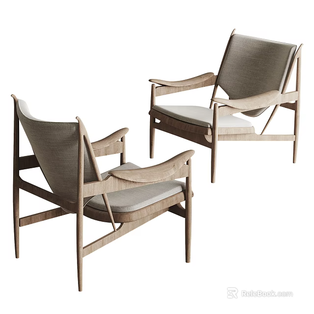 Modern Minimalist Leisure Chairs With Wooden Frame And Light Gray Cushions 3d model 