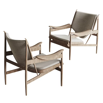 Modern Minimalist Leisure Chairs With Wooden Frame And Light Gray Cushions 3d model