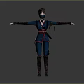 3D Ninja Character In Blue Red Outfit With Mask And Waist Weapon Arms Outstretched