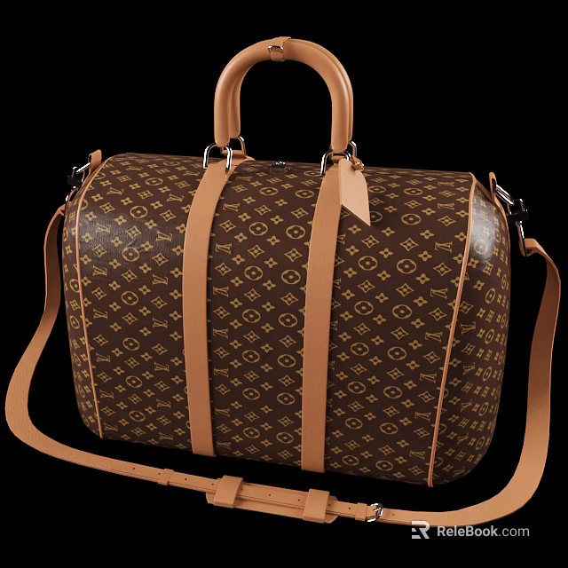 Classic Brown Leather Travel Bag With Monogram Pattern Tan Handles And Shoulder Strap 3d model 