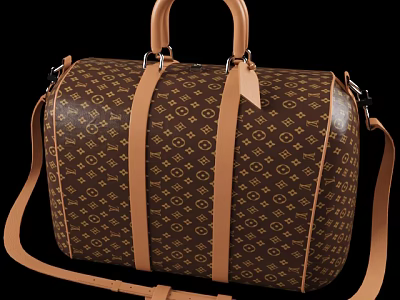 Classic Brown Leather Travel Bag With Monogram Pattern Tan Handles And Shoulder Strap 3d model