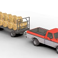 Red Pickup Truck Pulling Trailer Loaded With Large Hay Bales 3d model