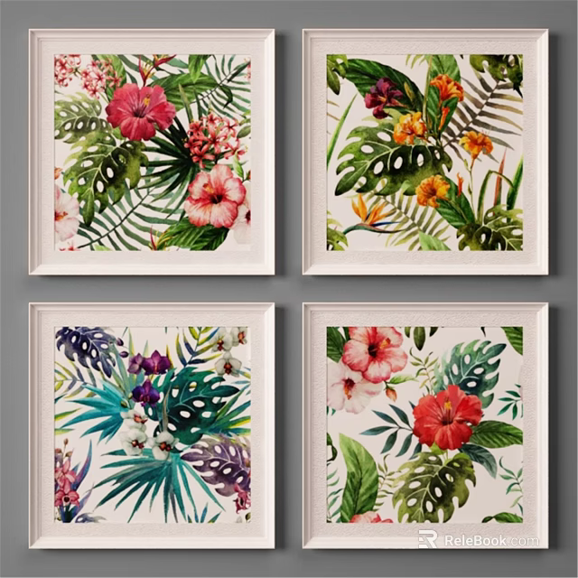 Tropical Floral Art Prints In White Frames With Green Leaves And Colorful Flowers 3d model 