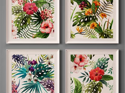 Tropical Floral Art Prints In White Frames With Green Leaves And Colorful Flowers 3d model